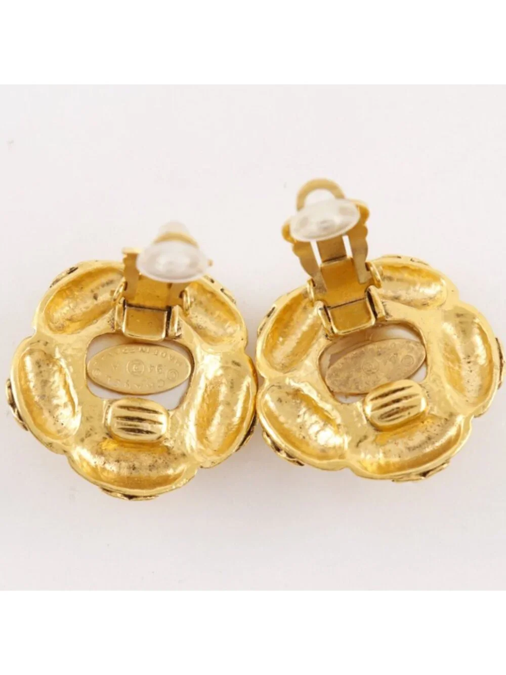 Chanel CC Logo Flower Vintage Gold Plated Faux Pearl Earrings
